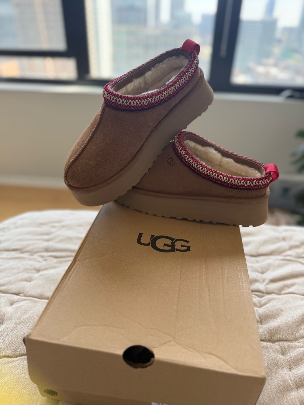 UGG Chestnut Slip-On Mules with Red Accent Trim